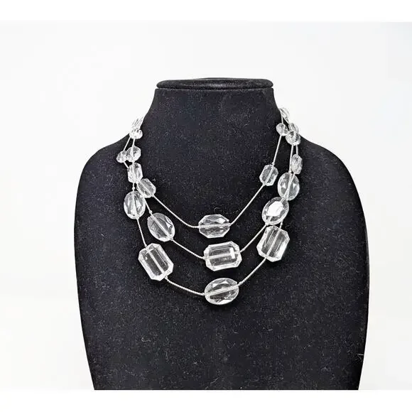 Robert Rose Necklace Earrings Set Clear Silver Tone Acrylic Multi Strand Clip On - Picture 2 of 13